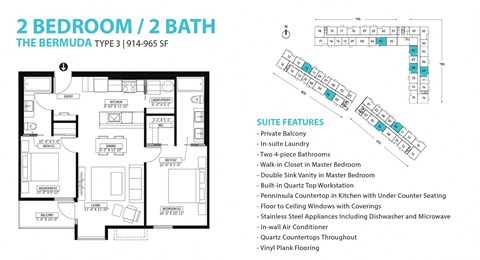 Floor plan for 2 beds, 2 baths, 965 sqft